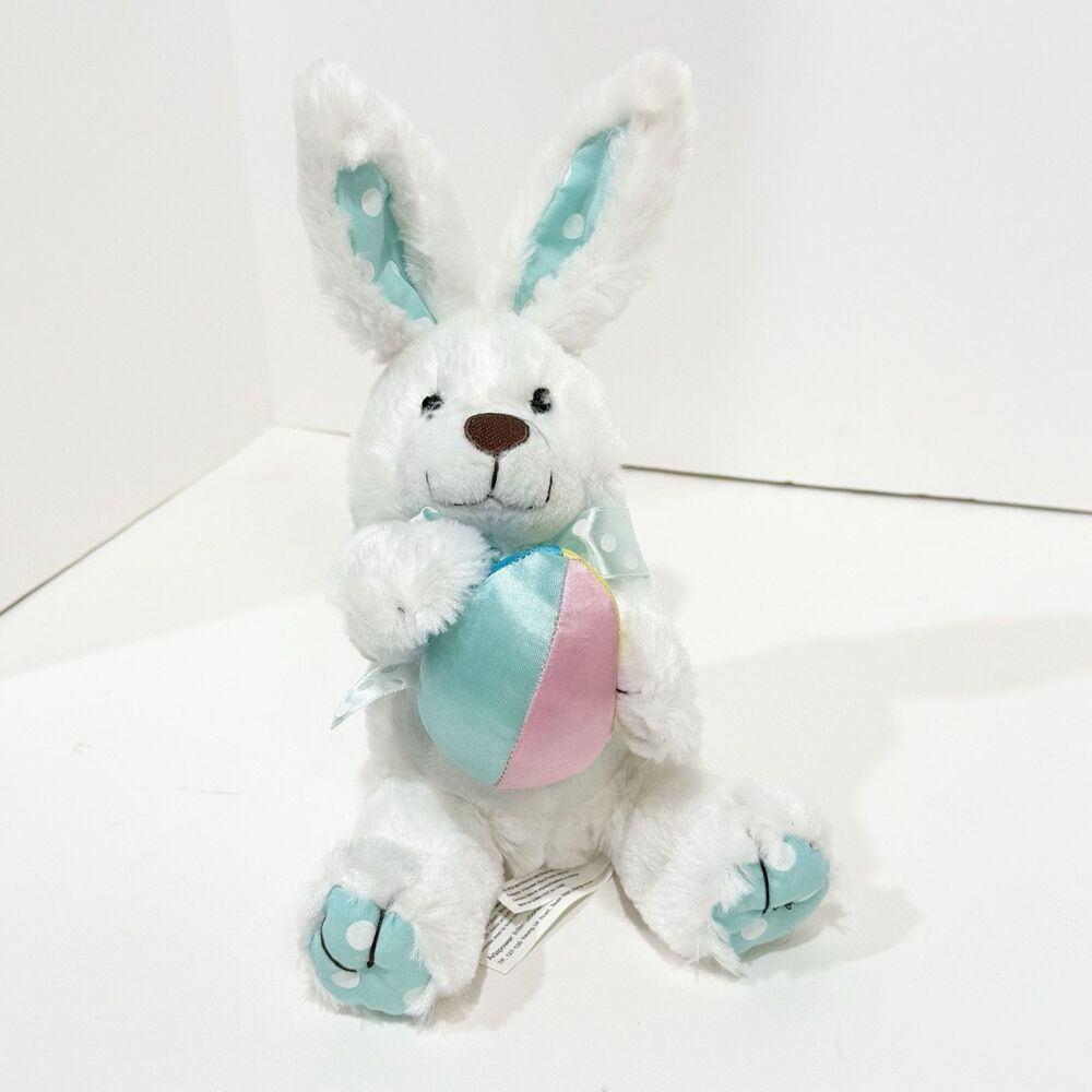 11” White Easter Bunny w Blue and White Poka Dot Ears /bow - NWOT